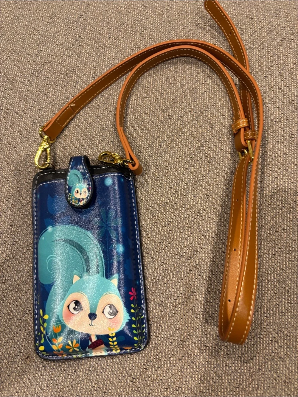 Panimal Blue Cartoon Squirrel Crossbody Phone Pouch with Brown Strap